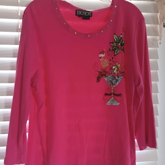 Berek XL Christmas Flamingo Sequin Top Women’s Embellished Holiday Shirt Cotton - Picture 4 of 6